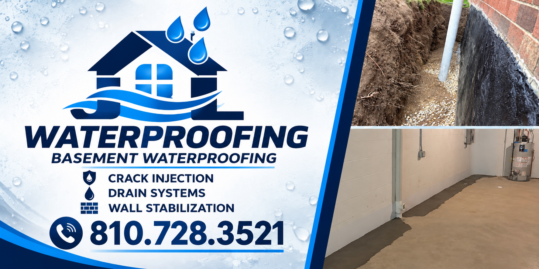 JL Waterproofing: basement waterproofing, crack injection, drain systems, wall stabilization. Call 810-728-3521. Exterior waterproofing and completed basement drainage photos.